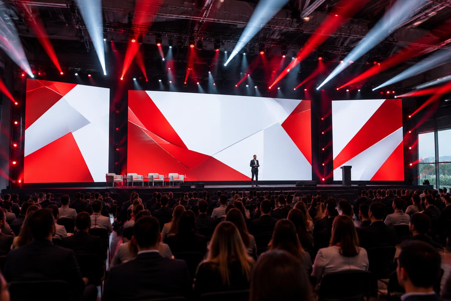 Referência visual de palco corporativo com painéis de LED